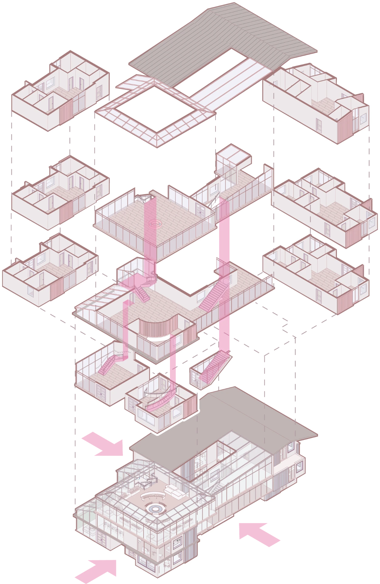 Exploded axonometric of Woodland Grove showing stacked units, communal core, and roof