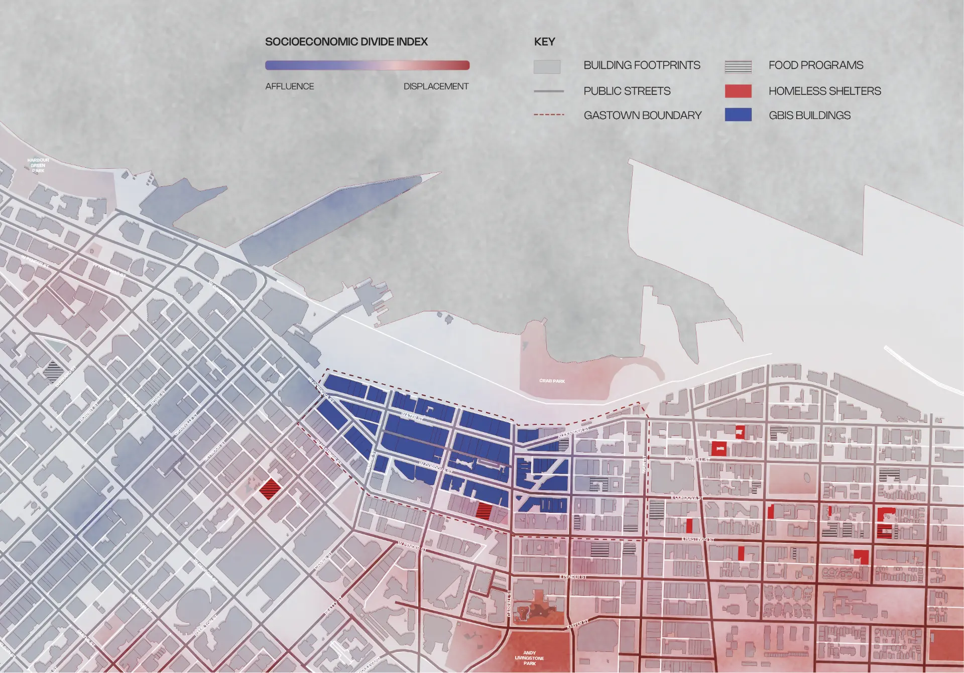 Context map of Gastown indexing affluence and displacement with shelters, food programs, and GBIS buildings