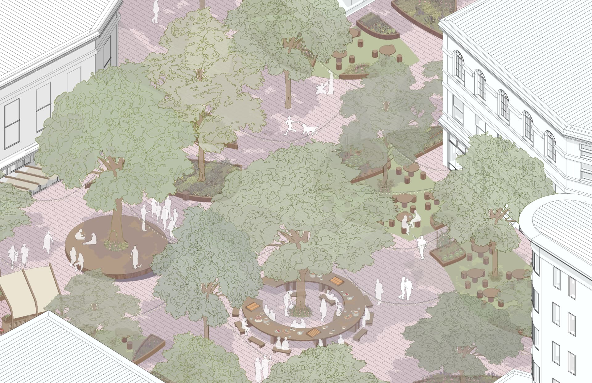 Isometric of the multipurpose stage and circular community table under a maple grove