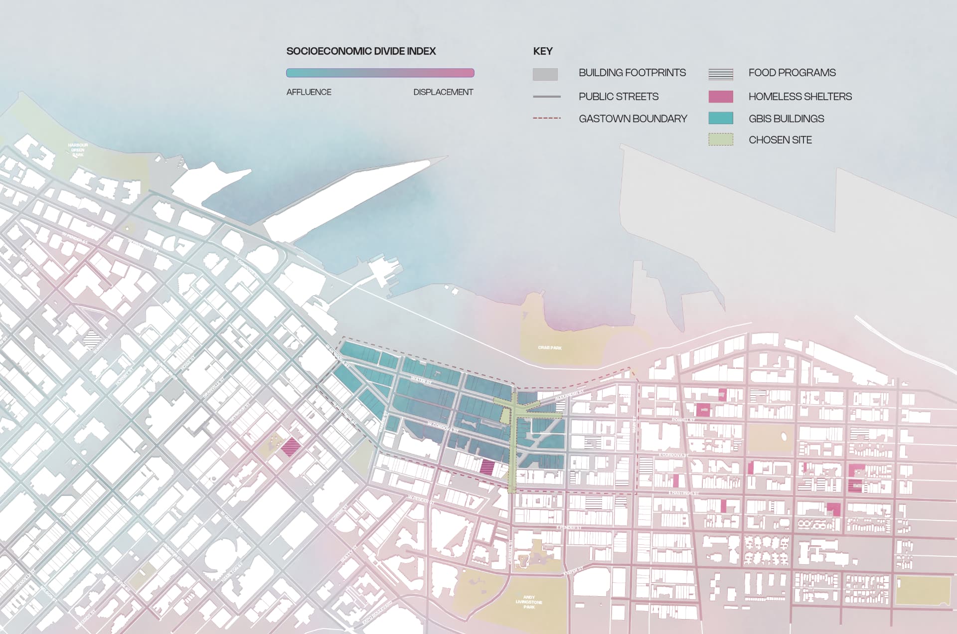 Context map at 1:7500 with socioeconomic divide index, food programs, homeless shelters, GBIS buildings, and chosen site