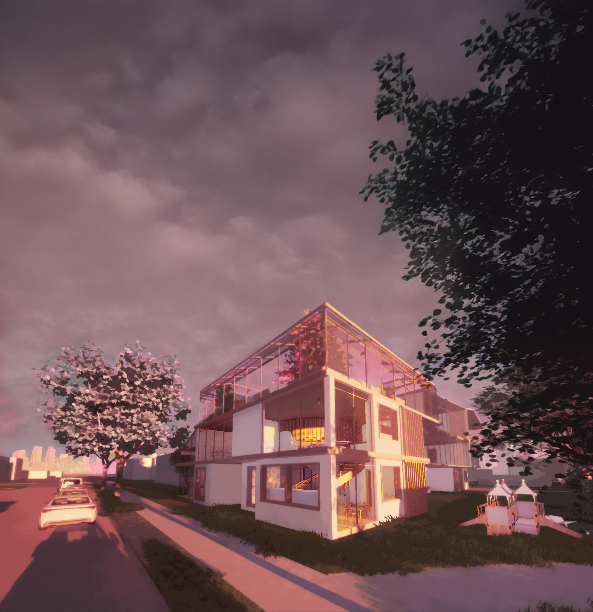 Woodland Grove exterior render at dusk with lit glazing and cherry trees