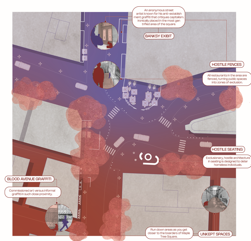 Annotated plan of Maple Tree Square marking hostile fences, hostile seating, and unkept spaces