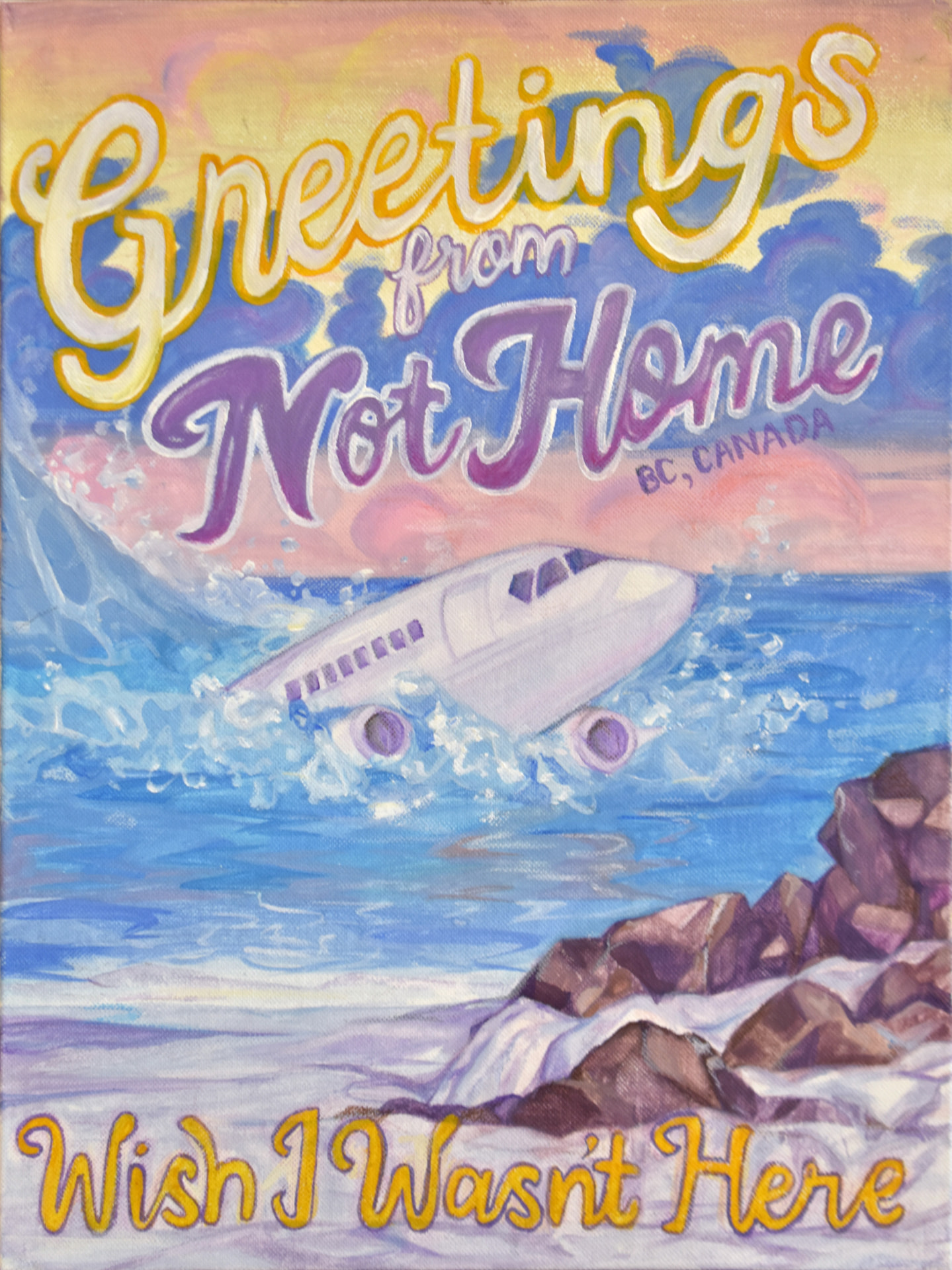 Greetings from Not Home acrylic painting of a plane sinking off a rocky coast