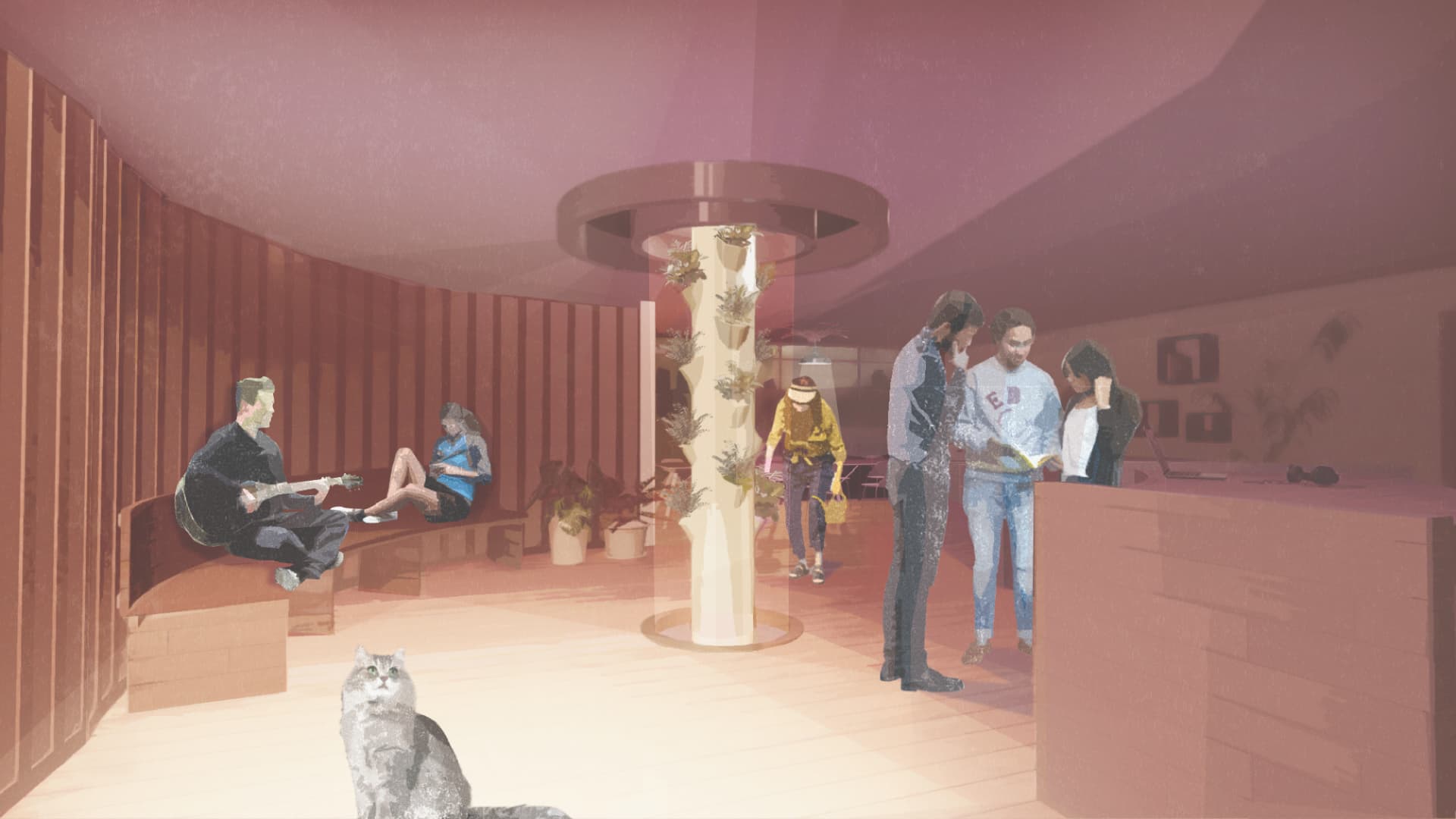 Amenity space render with vertical farming tower, residents reading and playing guitar