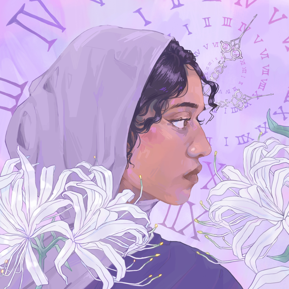 Renewal digital self portrait with roman numerals and white spider lilies