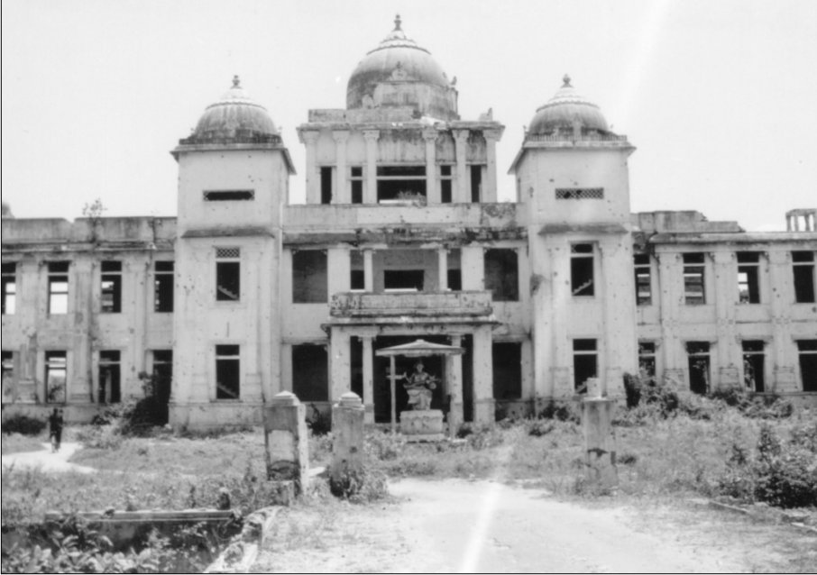 Black and white photograph of the burnt-out library ruins