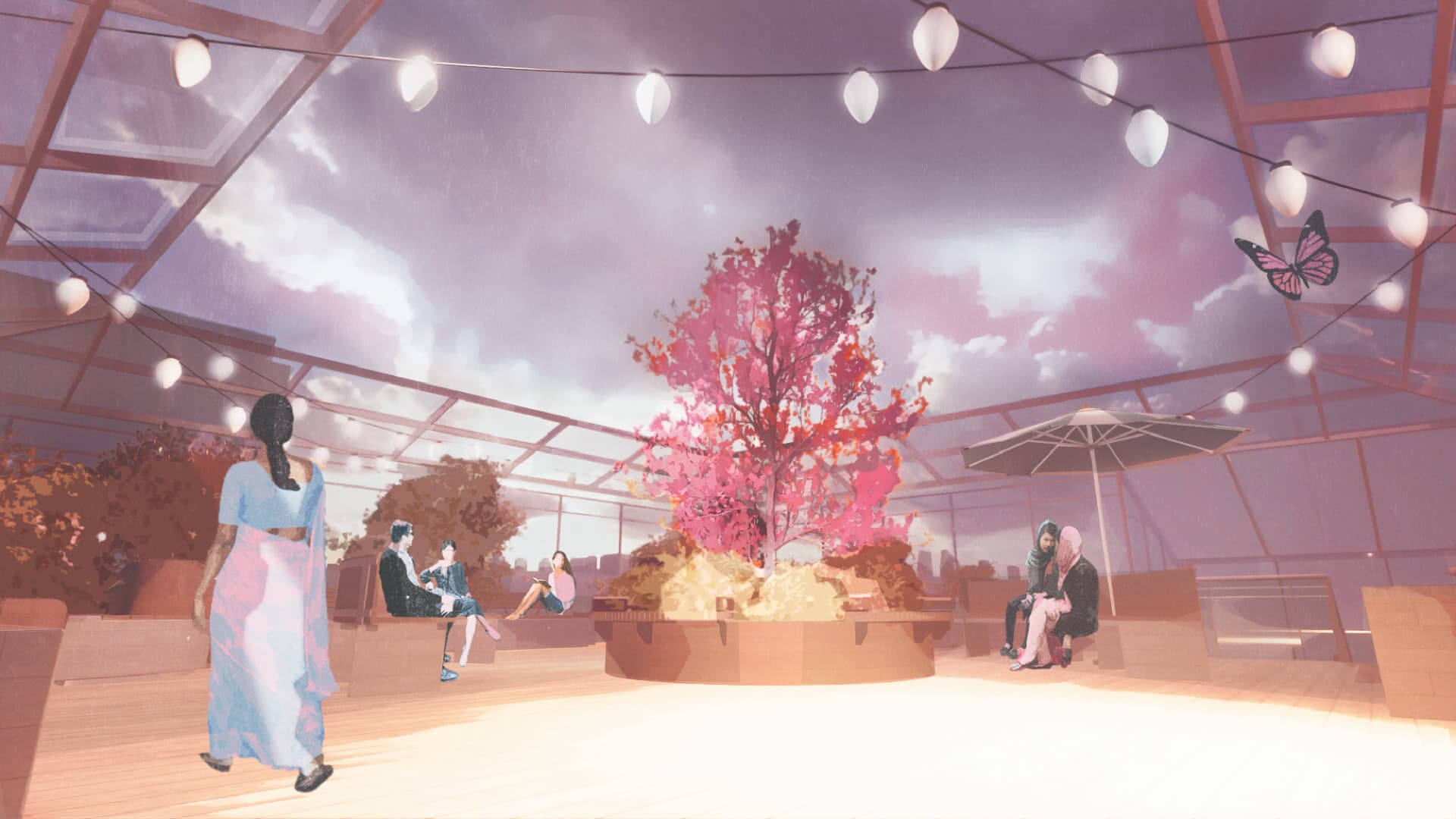 Rooftop terrace render with cherry blossom tree, string lights, and residents gathering