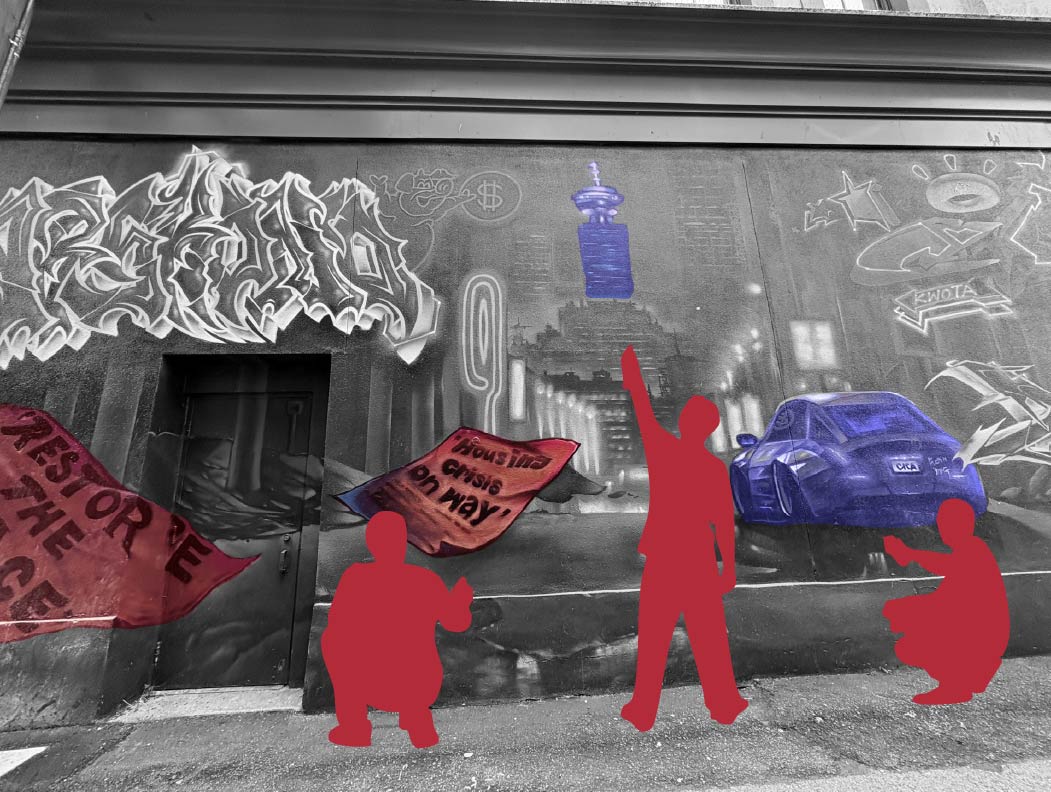 Annotated photograph of a Blood Alley graffiti wall with protest figures highlighted in red