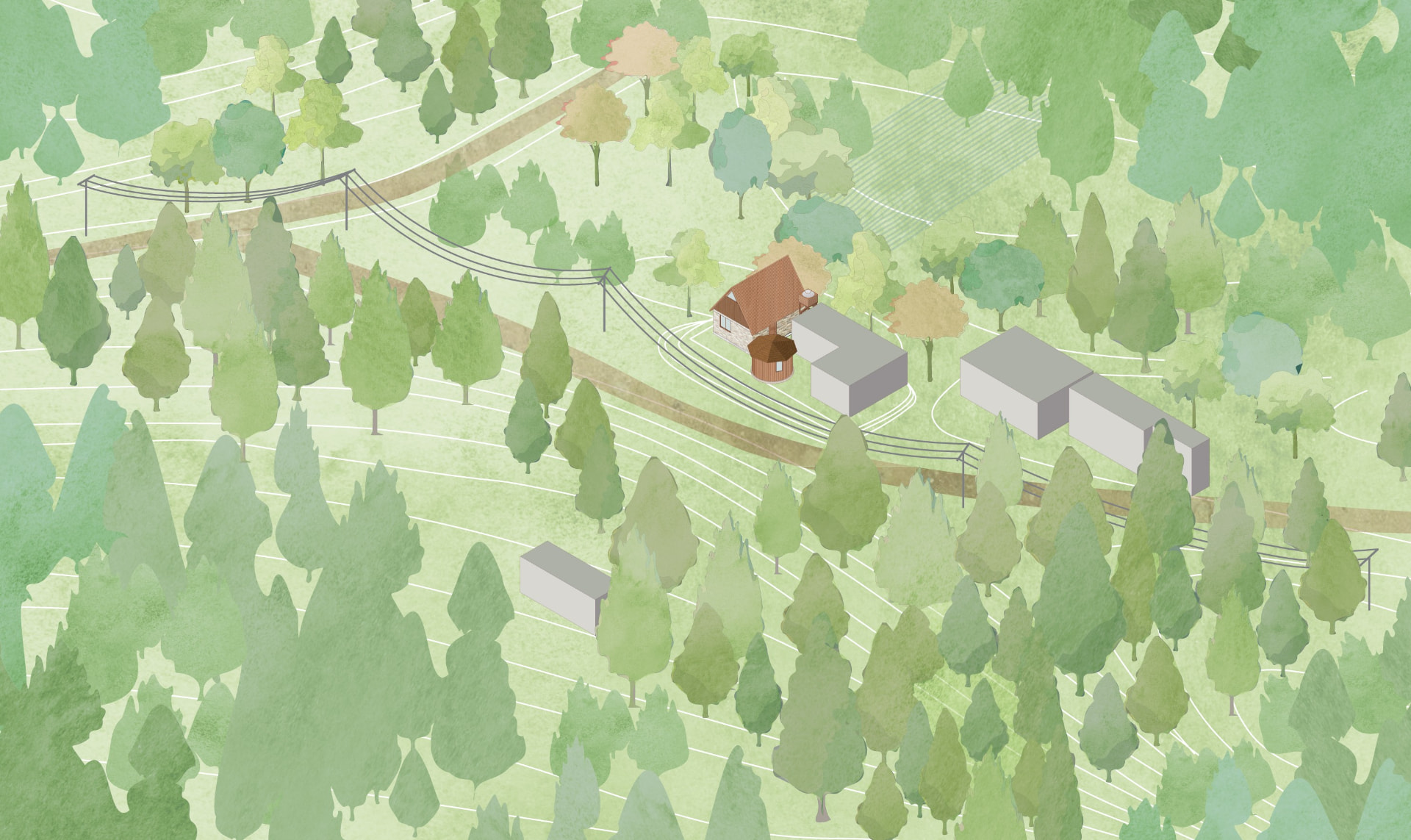 Isometric site plan of the Ocuilan dwelling set among forest and neighbouring structures