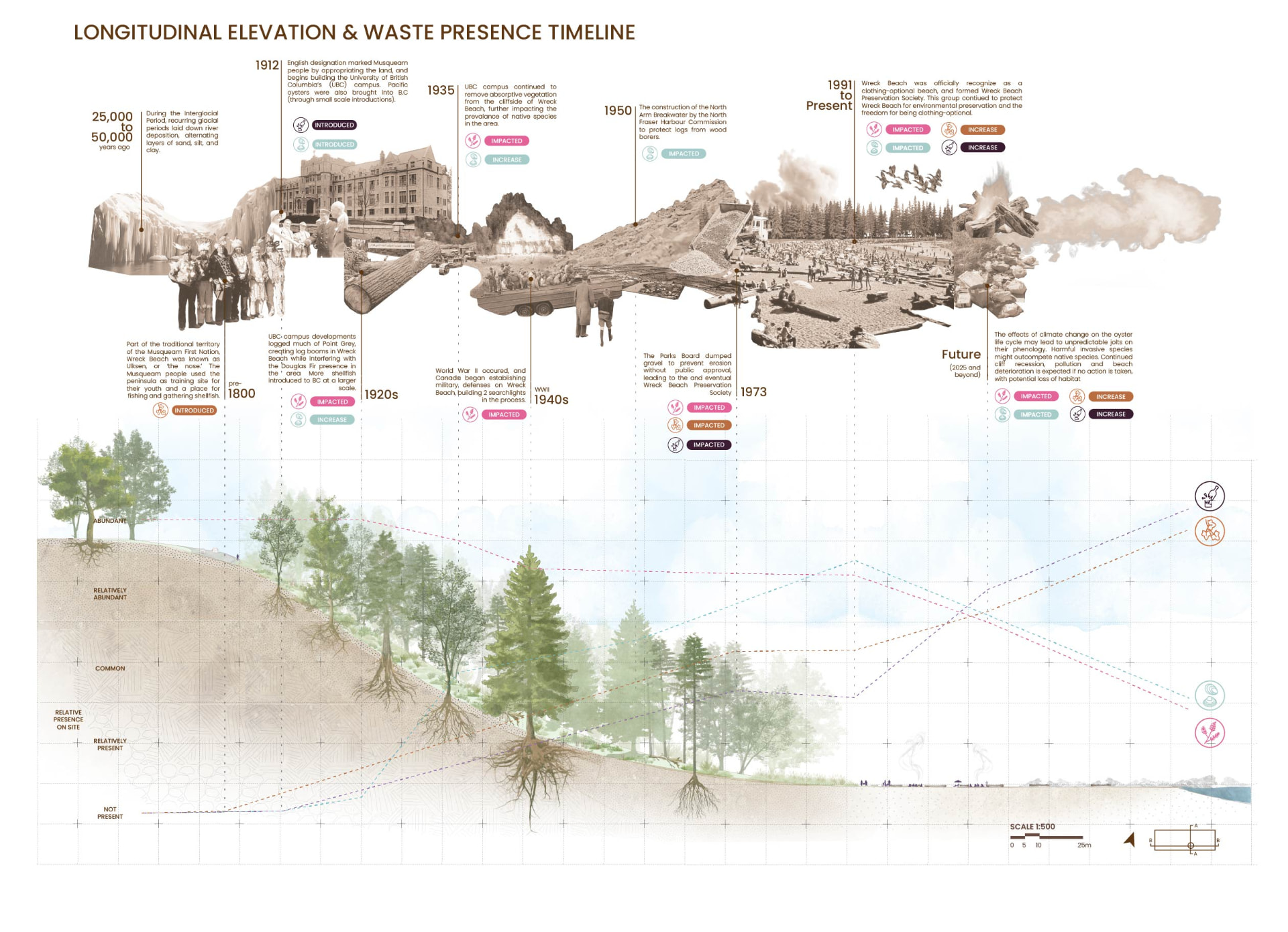 Longitudinal elevation and waste presence timeline from 25,000 years ago to future projections