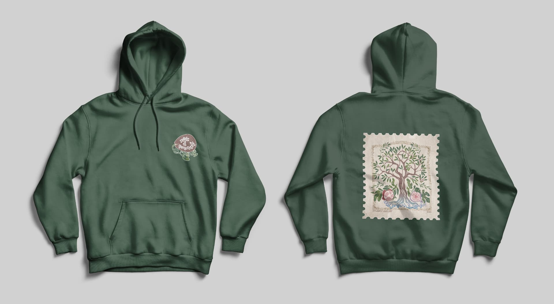 Forest green hoodie shown front and back with the Seeds of Generosity crest and stamp print