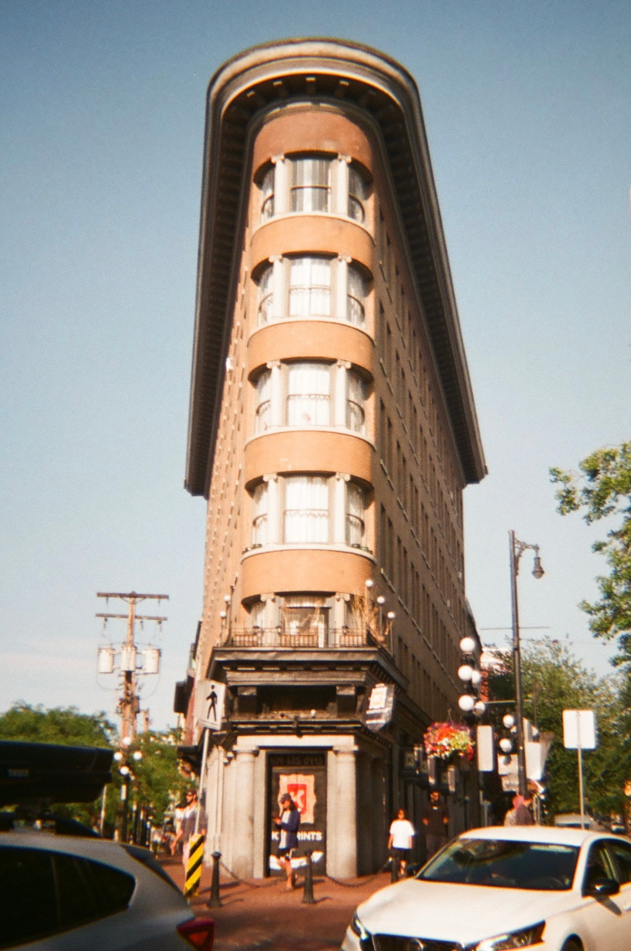 Flatiron-style brick building in Gastown, Vancouver