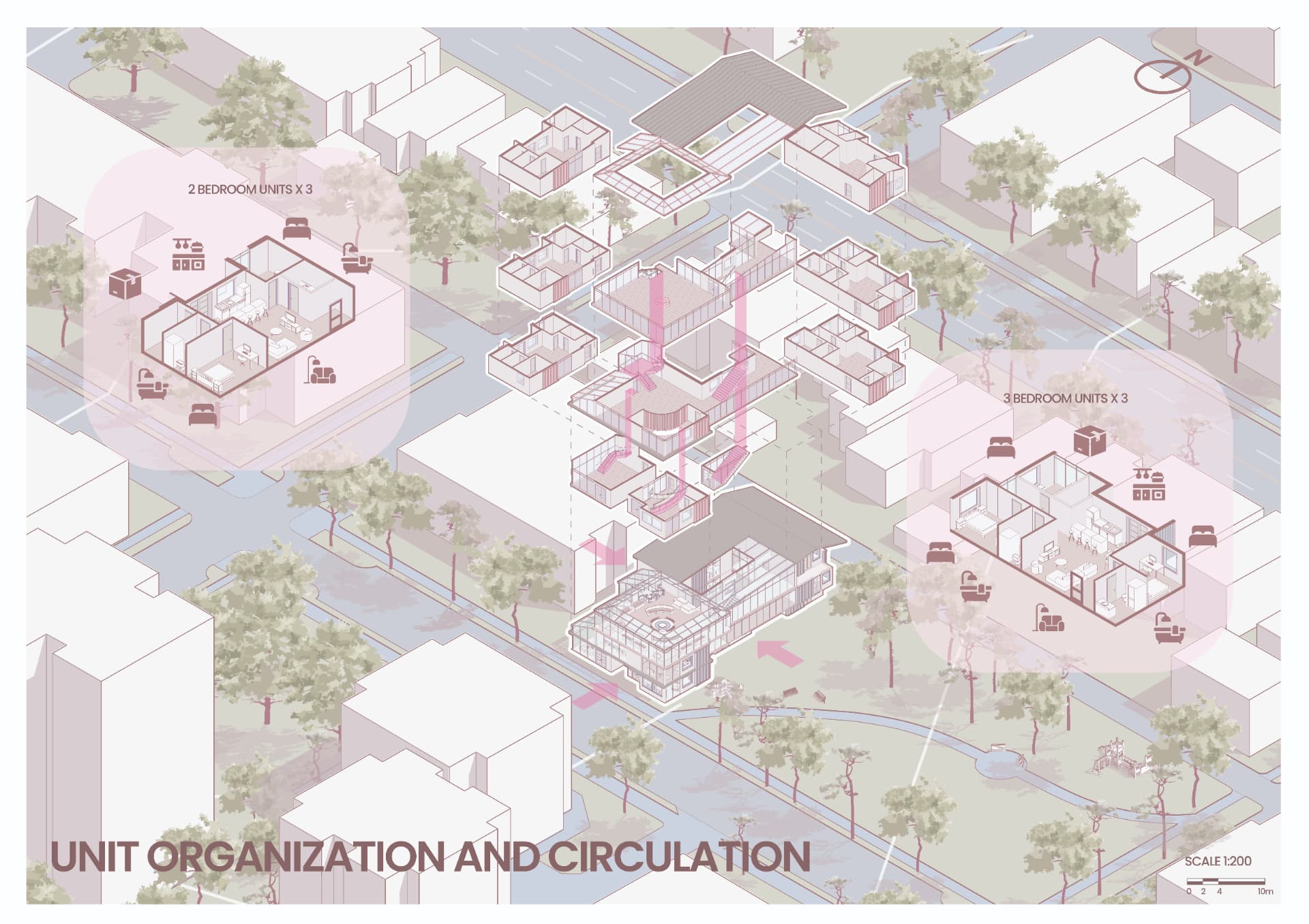 Isometric site drawing showing unit organization and circulation with 2 and 3 bedroom unit callouts