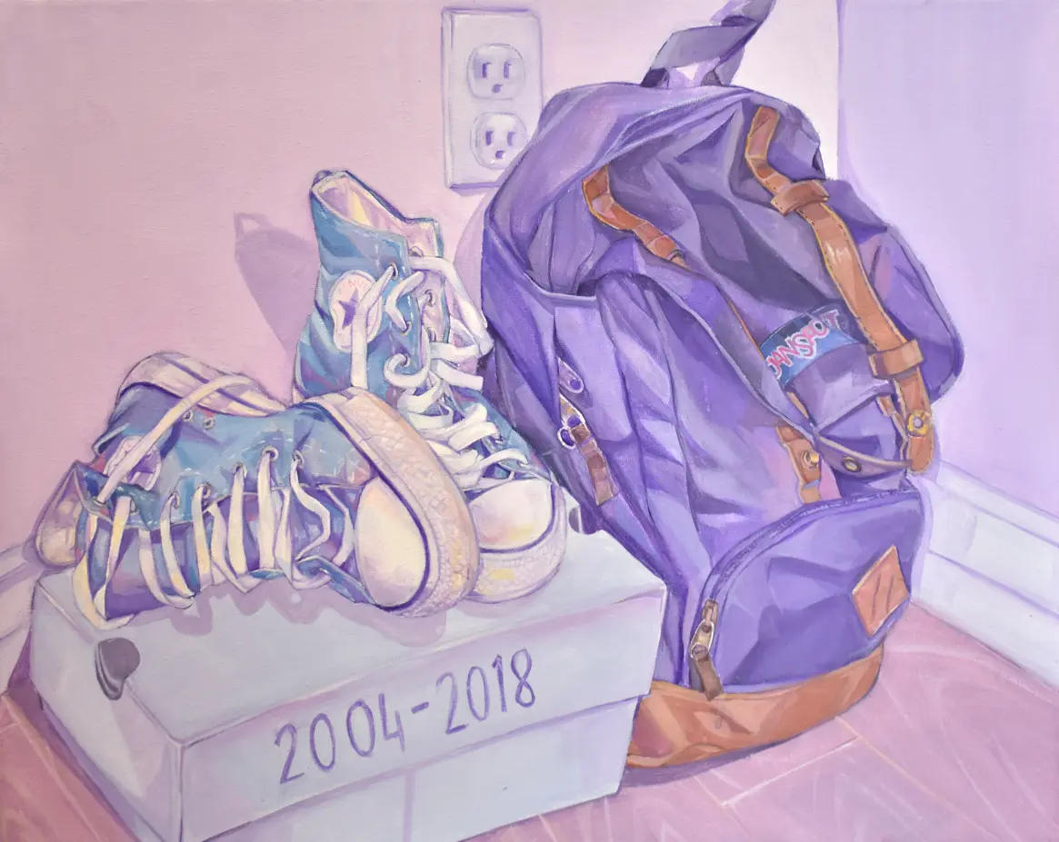 Worn Journeys gouache painting of shoes and a backpack on a box labelled 2004-2018