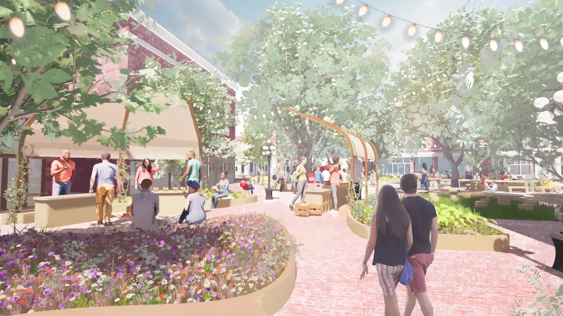 Rendered view of the Rooted corridor with vendor canopies, planting beds, and people gathering