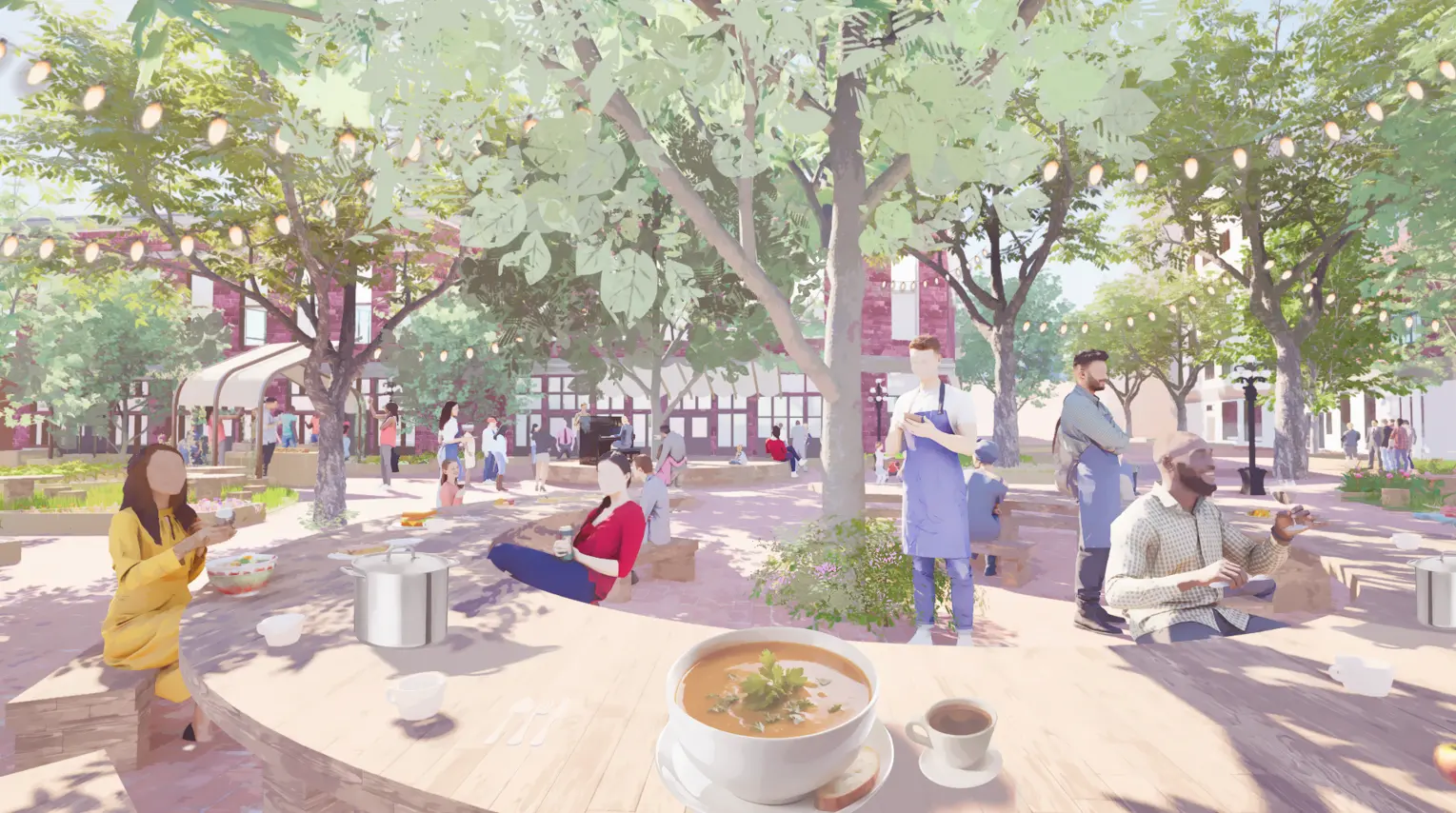 Render of the circular community table with a shared meal under the maple grove