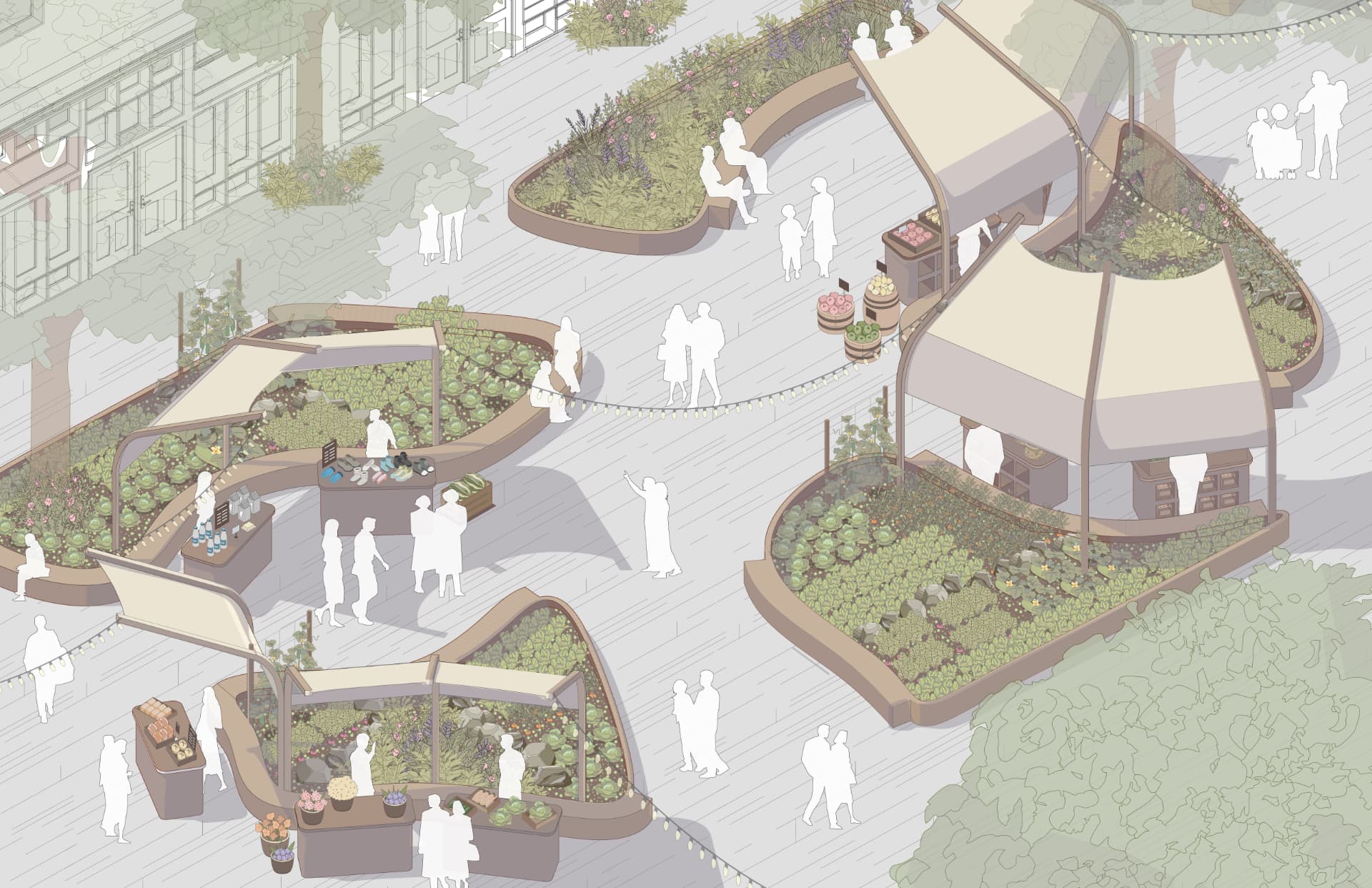 Isometric of the vendor stalls with canopies set into productive planting beds