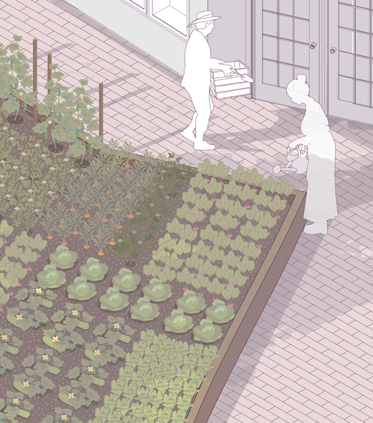 Close isometric detail of a raised community garden bed being tended