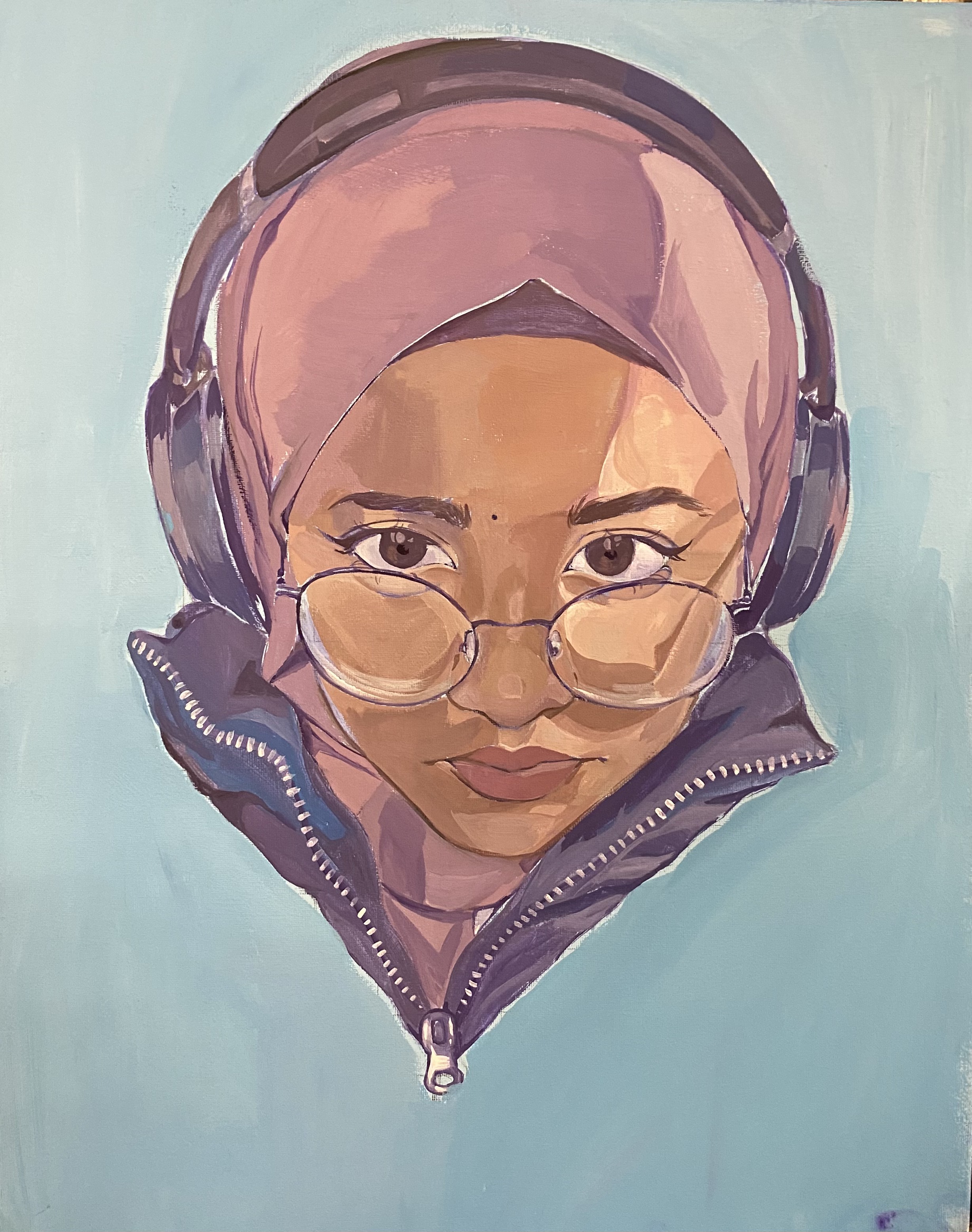Acrylic self portrait wearing a pink hijab, glasses, and headphones