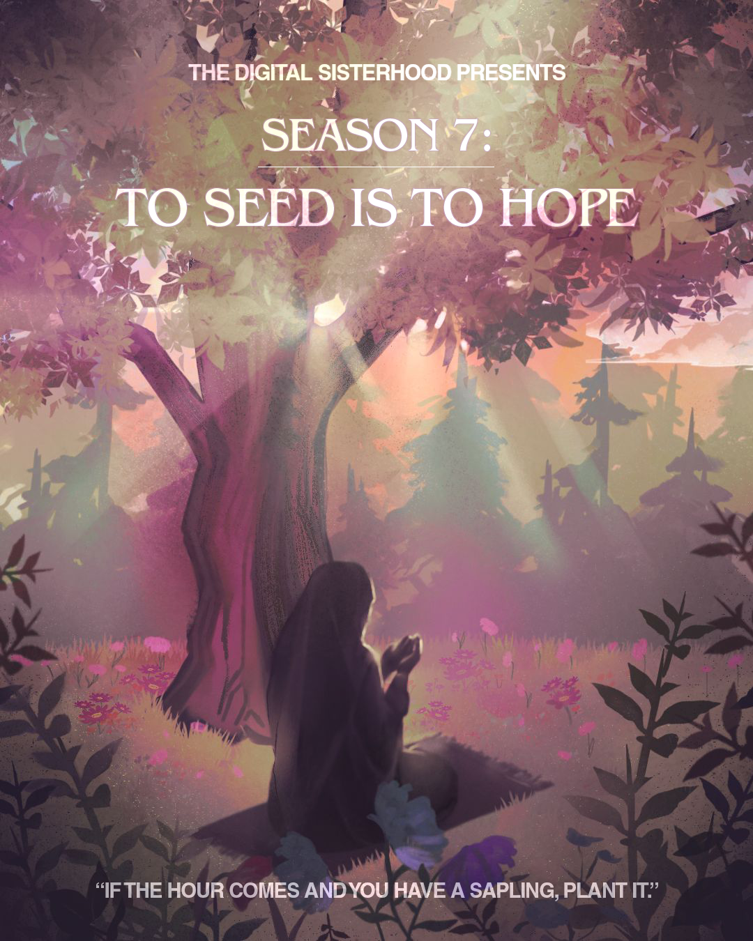 Season 7 hero illustration: a woman praying beneath a blossoming tree