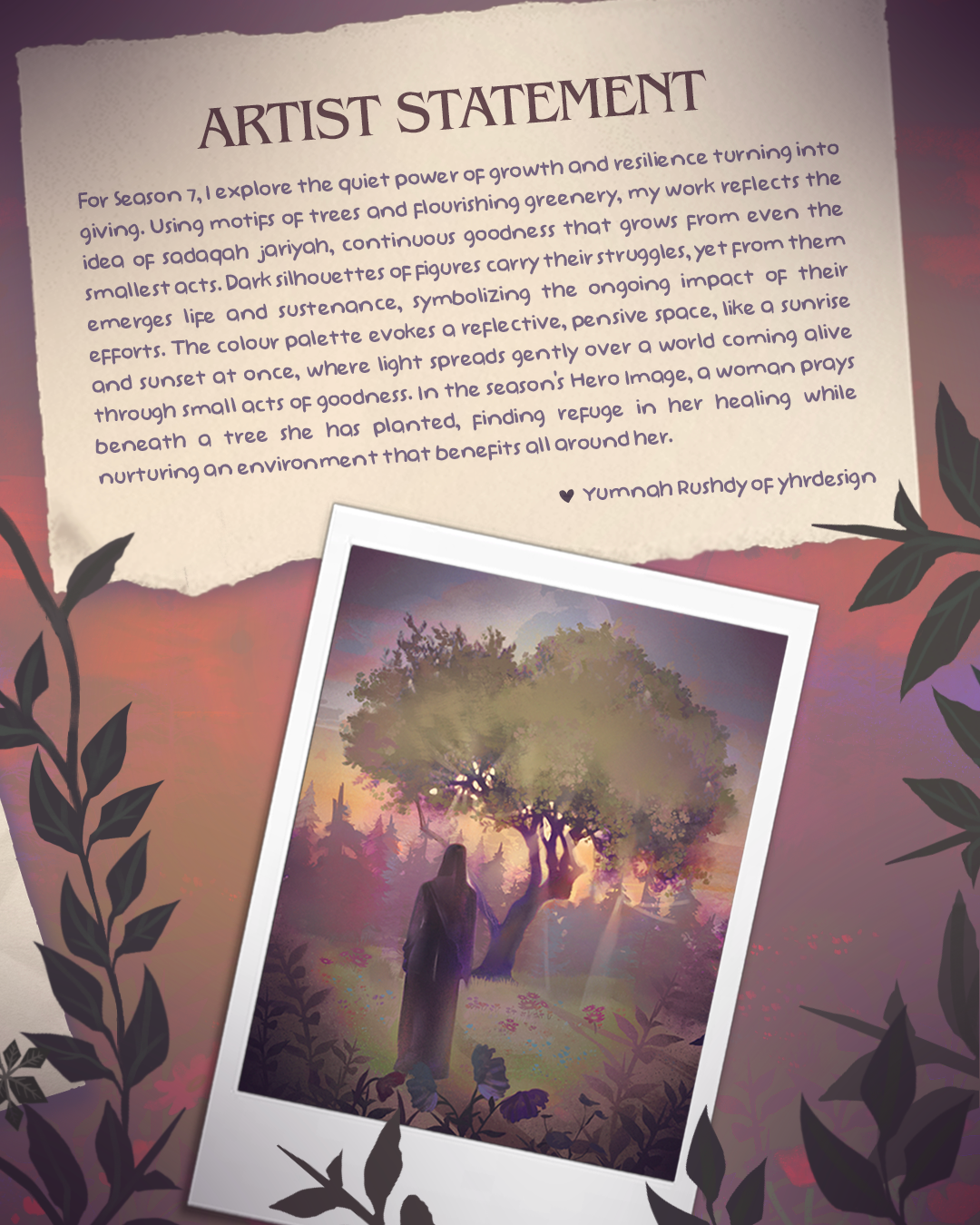 Artist statement plate with torn paper and a polaroid of the season artwork