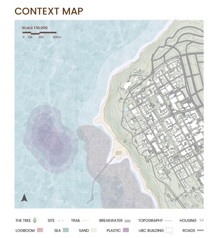 Context map at 1:10,000 showing Wreck Beach, UBC campus, breakwater, logboom, and topography