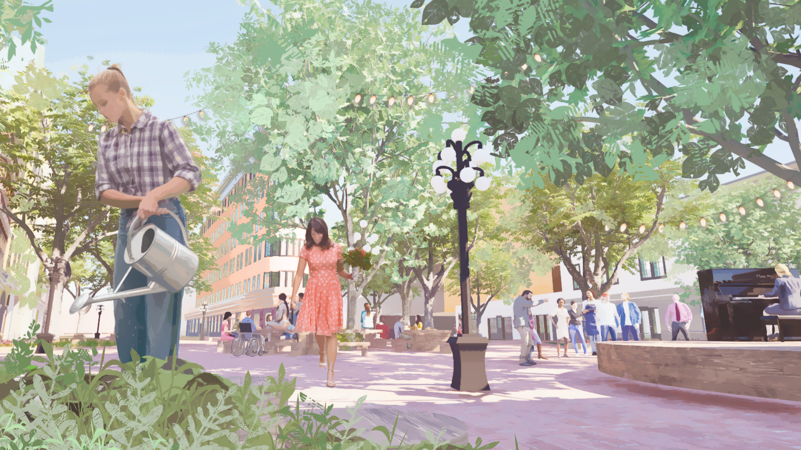 Rooted plaza render with residents watering planters and gathering around a public piano